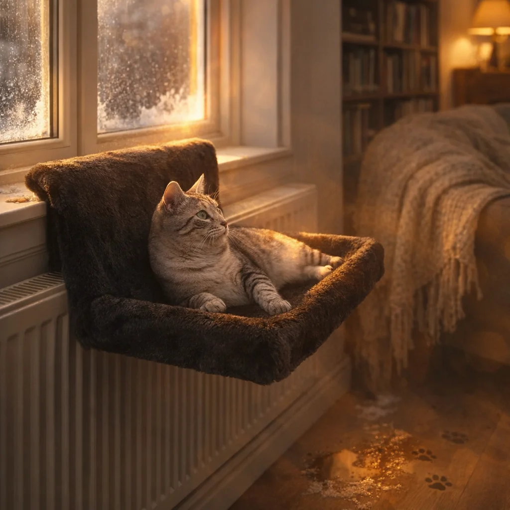 Outdoor cat coming inside to warm up in best heated cat bed for outdoor cats