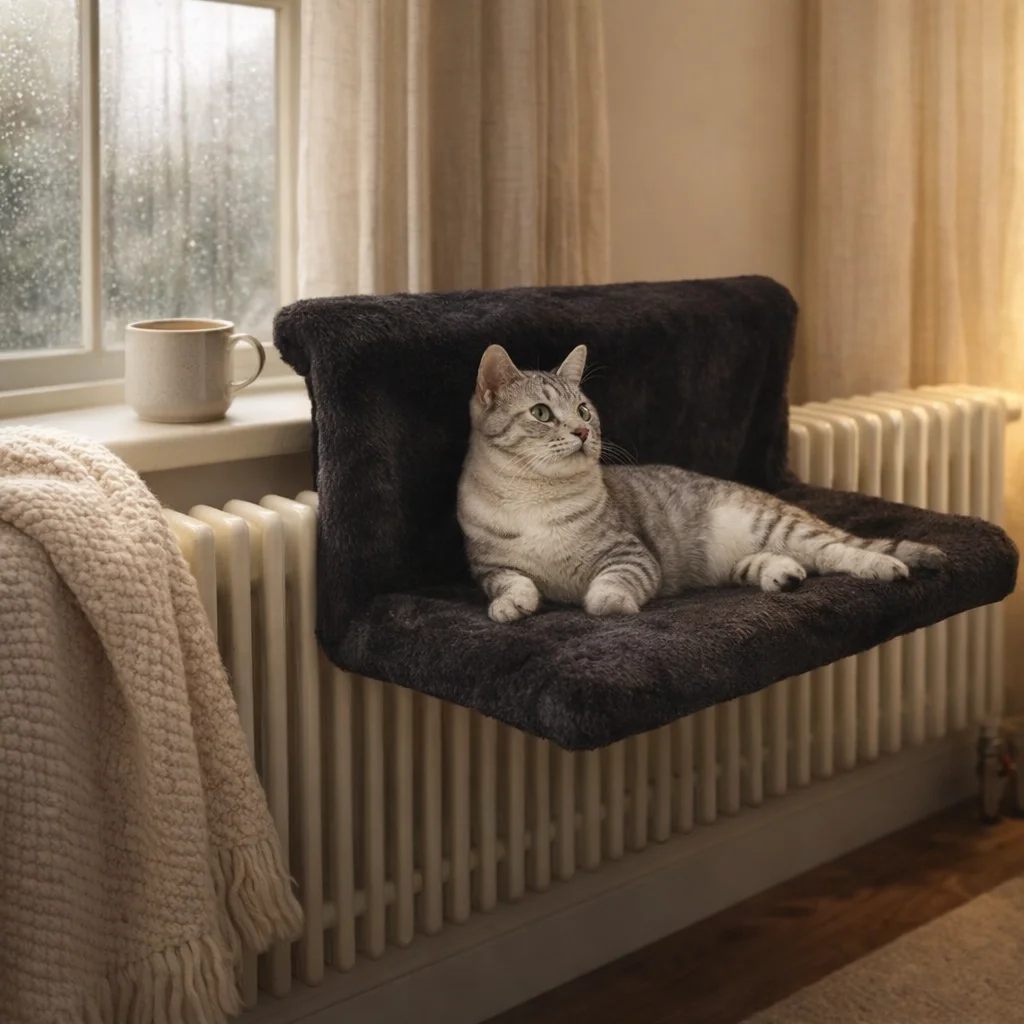 Senior cat resting comfortably in heated cat bed for arthritis relief