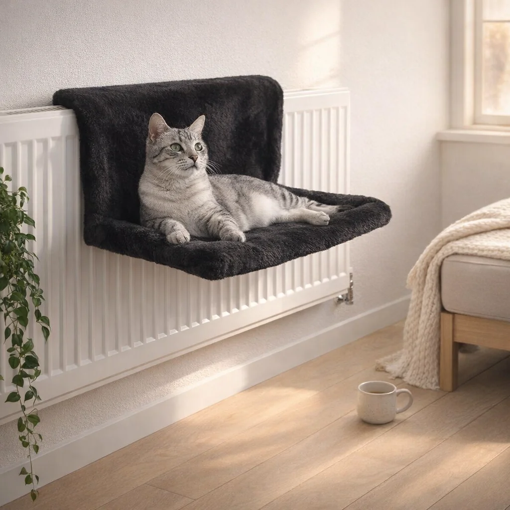 Cat happily curled in warmest spot in the house in heated cat bed review