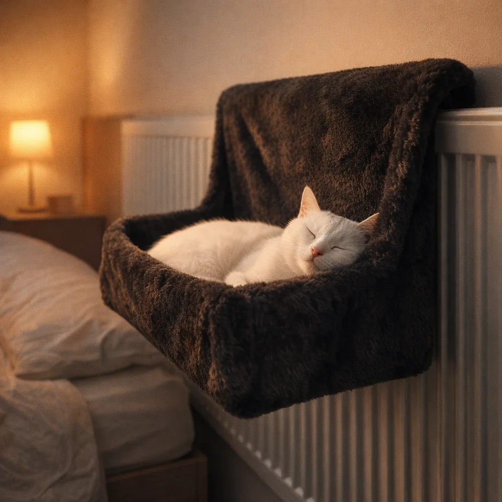 Cat peacefully sleeping in Purradia luxury radiator cat heat bed hammock in warm bedroom