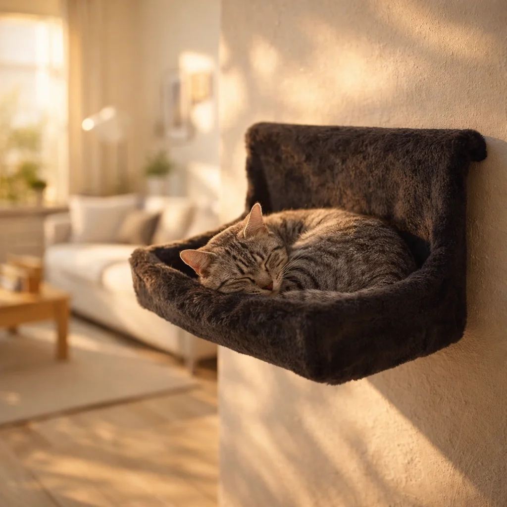 Cat sleeping in luxury radiator cat heat bed hammock mounted on wall in modern home