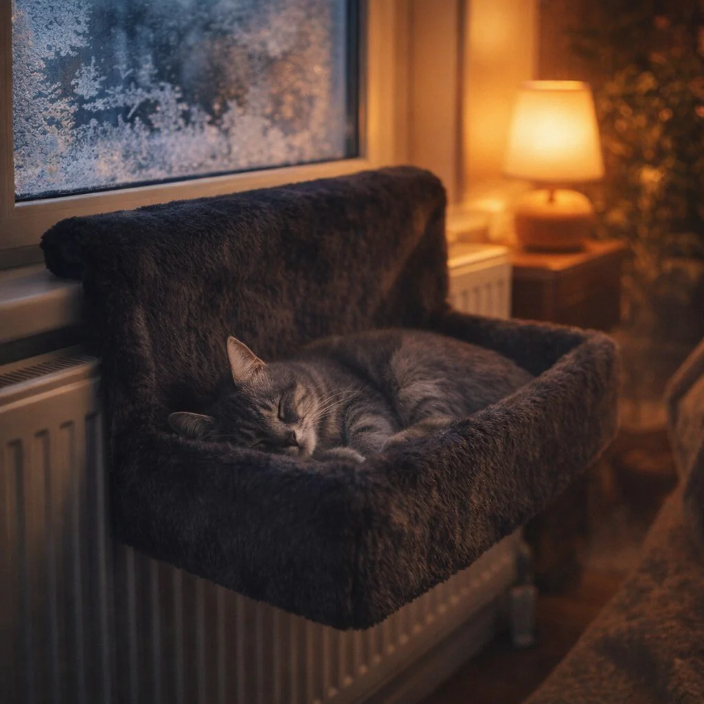 Cat warmly sleeping in self heating cat bed hammock mounted on radiator during winter