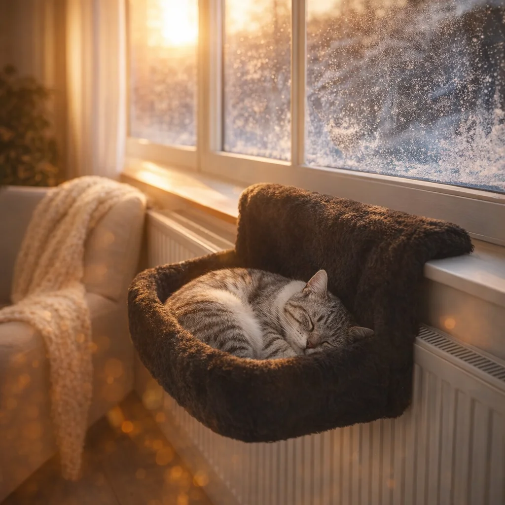 Cat sleeping in self heating cat bed hammock mounted on radiator by window in cozy winter living room