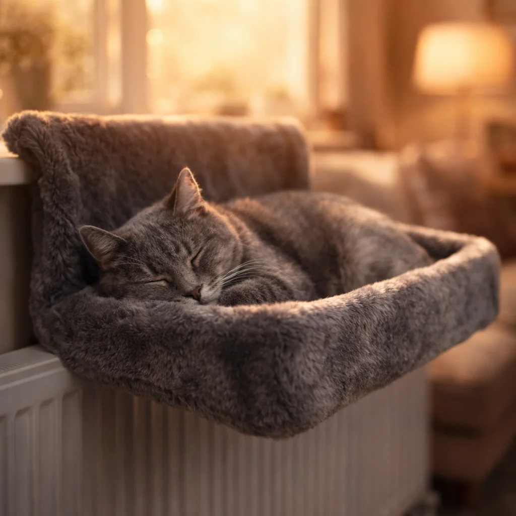 Senior cat with arthritis sleeping in heated cat bed hammock on radiator for joint pain relief